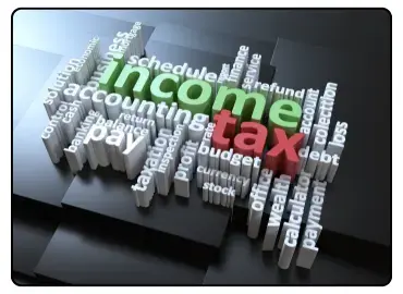 Word cloud with income tax, accounting, and payroll terms for financial services